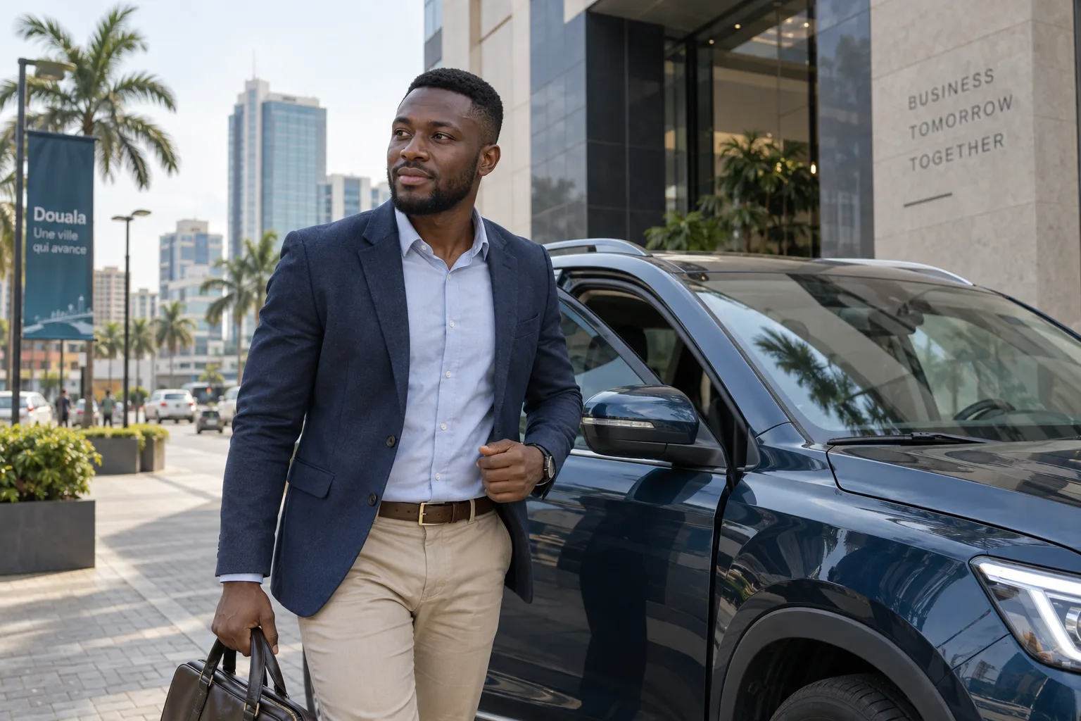 Professionnel arrivant à un rendez-vous en voiture de location