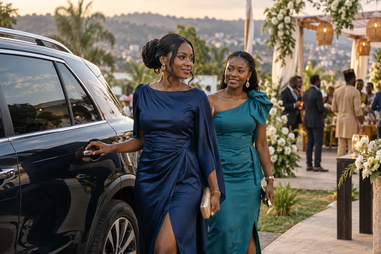 Amies arrivant à une cérémonie en voiture de location