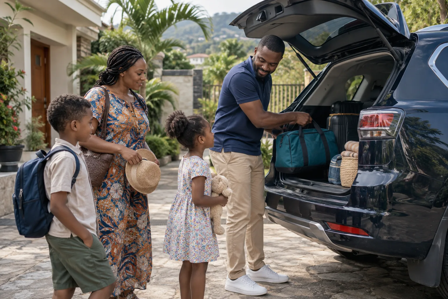 Famille préparant une sortie avec un SUV de location